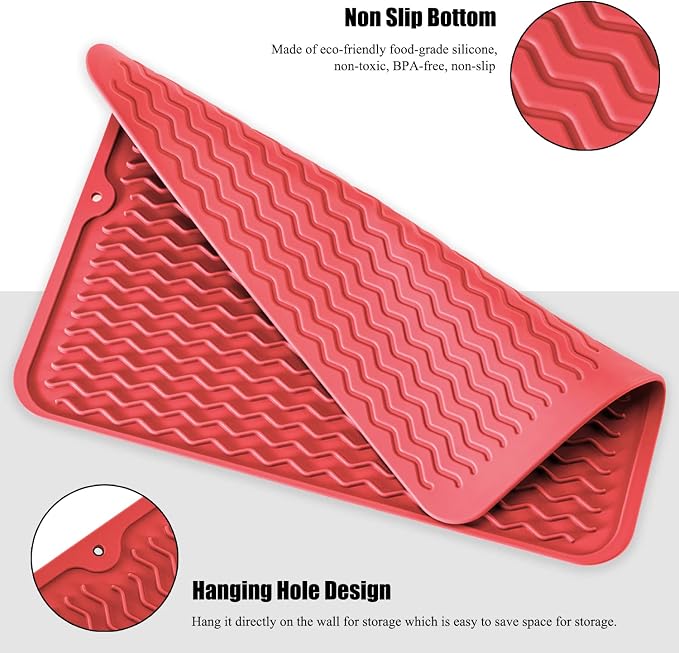Silicone Dish Drying Mat, Non-Slip Easy Clean Sink Mat, Red, 16" x 12" | Quick-Dry Ridges, Large Heat-resistant Dish Drainer Mat for Kitchen Counter, Hangable & Roll-Up for Storage, Dishwasher Safe