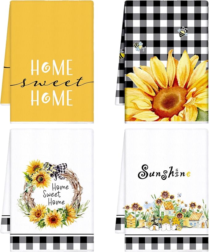 4 Pcs Sunflower Kitchen Towels Floral Hand Dish Towels Gift | Fast Drying Absorbent Tea Dishcloth Yellow Flower Buffalo Plaid Decor Housewarming Gift for Cooking Kitchen Bathroom