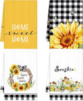 4 Pcs Sunflower Kitchen Towels Floral Hand Dish Towels Gift | Fast Drying Absorbent Tea Dishcloth Yellow Flower Buffalo Plaid Decor Housewarming Gift for Cooking Kitchen Bathroom
