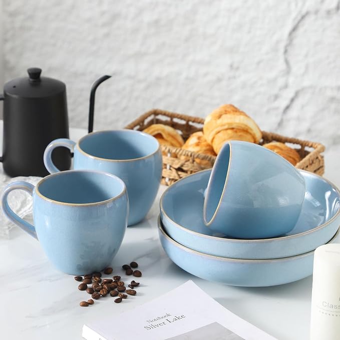 Coffee Mugs Set of 4, Stoneware 16 Oz Coffee Mugs for Cappuccino Latte Cocoa and Tea, Ceramic Coffee Cups with Handle,Sky Bule Mugs for Housewarming Gifts, Microwave and Dishwasher Safe