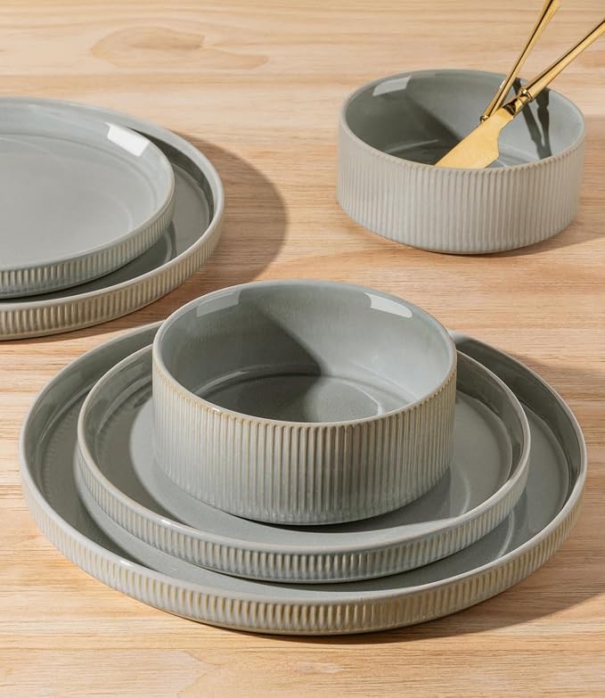 Ceramic Dinnerware Set for 4, 12-Piece Plates and Bowls Set | Lightweight Porcelain Dish Set, Scratch Resistant, Oven & Microwave & Dishwasher Safe, Desert Sage