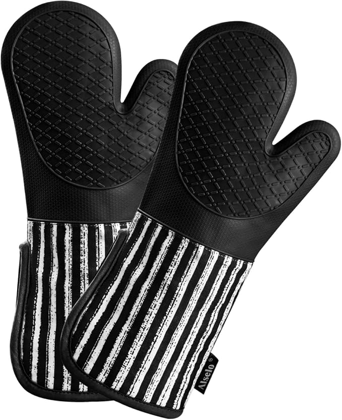 Alselo Silicone Oven Mitts Heat Resistant 932℉ with Waterproof & Non-Slip | Kitchen Mittens Set of 2,Extra Long 7.5"x15" Oven Gloves with Soft Cotton Terry Lining for Baking Cooking BBQ(Black,2)