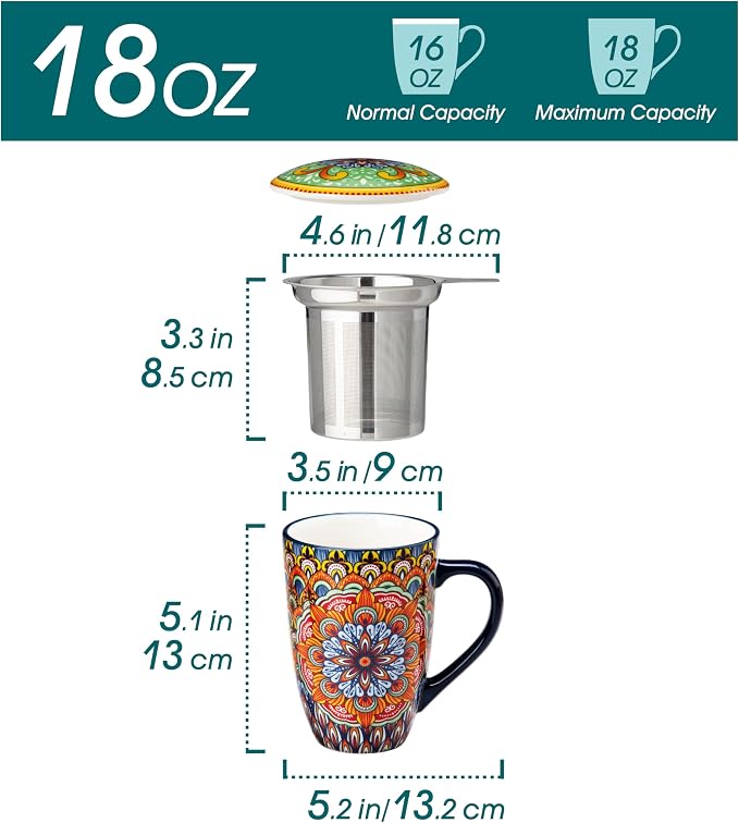 vancasso Ceramic Tea Mug with Infuser and Lid, 18 Ounce Bohemian Loose Leaf Cup, Microwave & Dishwasher Safe, Perfect for Tea, Coffee, Burnt-Cobalt Mandala