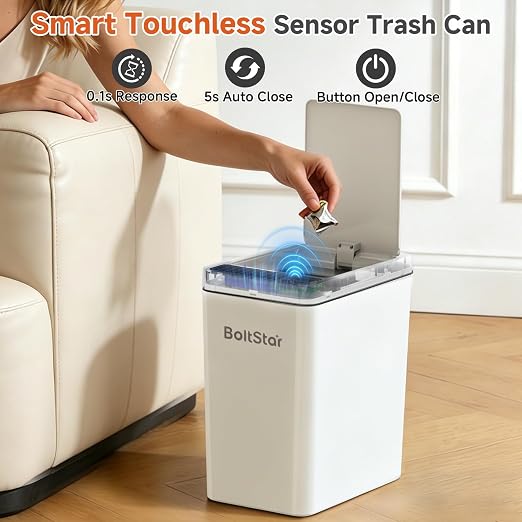 Solar Automatic Bathroom Trash Can: 2.6 Gallon Small Motion Sensor Garbage Can, No Charging Required, Slim Smart Touchless Trash Bin with Lid for Bedroom, Living Room, Office, RV, White
