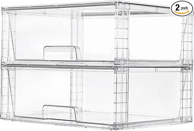 Vtopmart 2 Pack Large Clear Stackable Storage Drawers for Closet, Pantry | Easily Assemble Bathroom Undersink Organizers,Plastic Storage Bins for Cabinet,Kitchen Pantry Organization