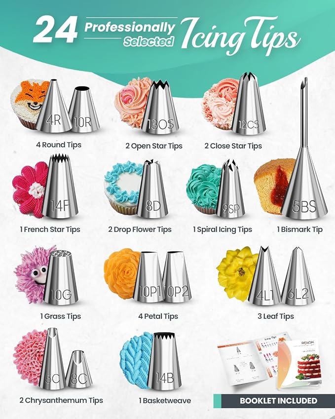 RFAQK 90PCs Cake Decorating Kit with Leveler, Baking Supplies Gift Includes Cake Stand Turntable, 24 Numbered Icing Tips, 55+1 Piping Bags, 2 Frosting Spatulas, 5 Scrappers, Video Course & Booklet