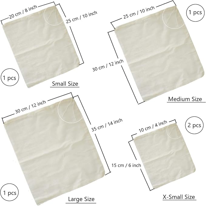 AUXIN Nut Milk Bags, 100% Cotton Cheesecloth Bags, Yogurt/Coffee/Tea Strainer, Reusable Almond/Oat Milk, Juice, Cold Brew Coffee, Food Grade, Reusable Washable Strainer (Mixed Size, 5 Pack)