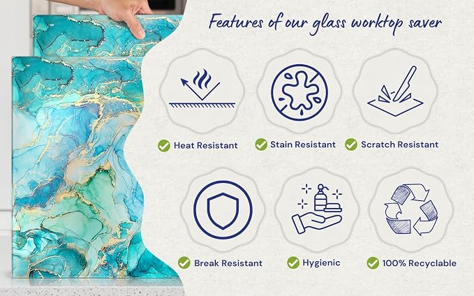 Glass Cutting Board 20”x16”: Tempered Glass Kitchen Counter Protector - Durable- Scratch-Resistant, Heat-Proof - Design 9 - Teal Ocean