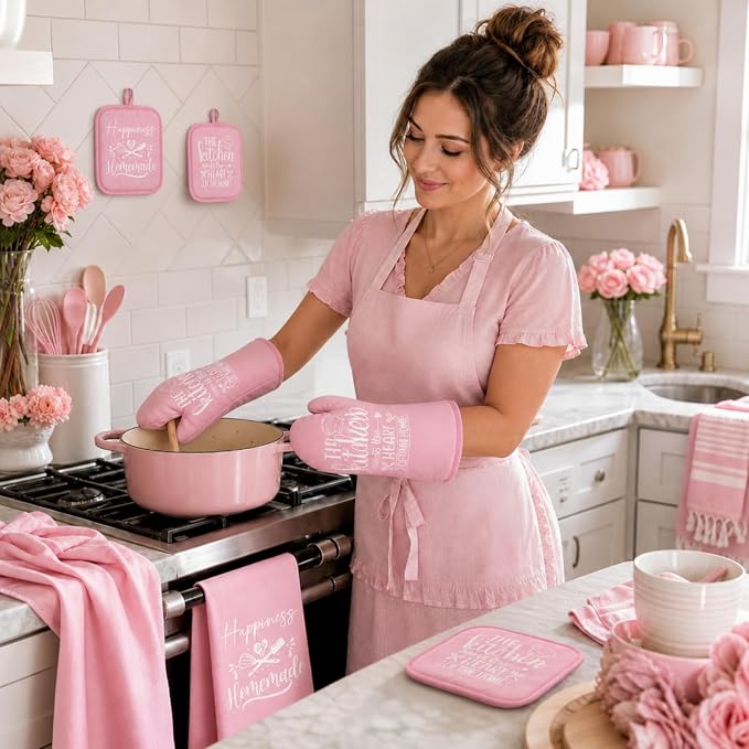 Sratte 6 Pcs Kitchen Decor Accessories Set, Kitchen, Pink | Farmhouse Kitchen Towels Pot Holders Oven Mitts Set 2 Dish Towels 2 Potholders 2 Cooking Mittens for Baking Cooking Supply