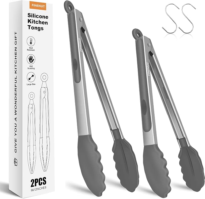 Stainless Steel&Silicone Food Tongs Set of 2 (9+12 Inch)-BPA-Free&Non-Toxic Heat Resistant Non-Scratch BBQ&Cooking Tools,Strong Grip Locking for Grilling,Air Fryer,Salad,Dishwasher Safe