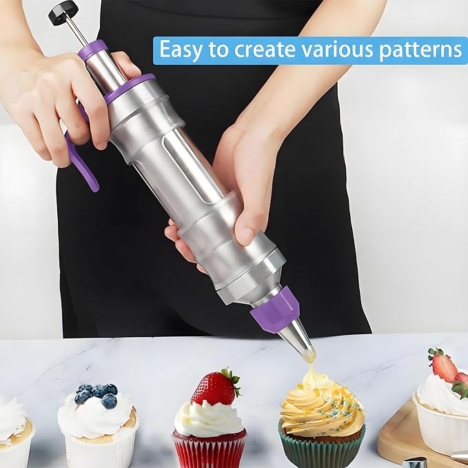 Dessert Decorating Syringe Set, Icing Piping Kit Stainless Steels Cake Decorating Tools 30 Piping Icing Nozzles Cupcake Decorating Kit - Purple