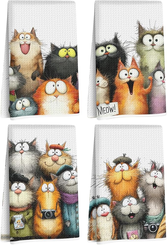 4 Pcs Cute Cat Kitchen Towels, Funny Cats Gifts Absorbent Hand Towels-08 | Cat Dish Cloths for Drying Dishes, Cats Waffle Dish Towels for Kitchen Home Bathroom Decor, Cat Lover Gifts for Women Mom