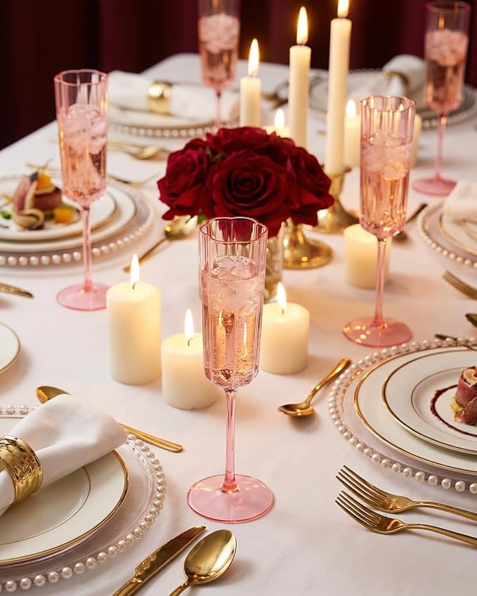 Ciaell 24 Pack Pink Plastic Champagne Flutes for Weddings Birthdays | 6 oz Pink Vintage Flower Wavy Toasting Cups, Heavy Duty Plastic, Champagne Wine Mimosas Cocktails for Parties Bars