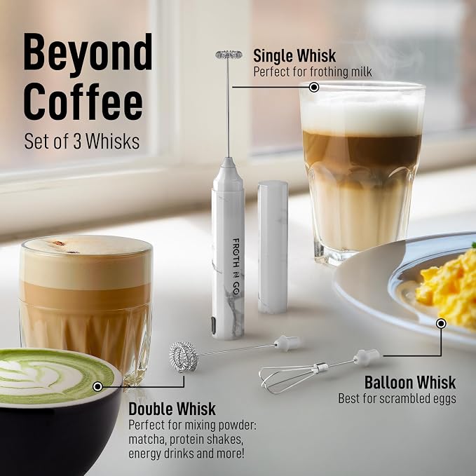 Zulay Froth N Go Milk Frother – Rechargeable 3-in-1 Handheld Frother Wand with Travel Case & USB-C Charger – Single, Double & Egg Whisk for Latte, Cappuccino, Matcha, Protein Shakes - Frosted Marble