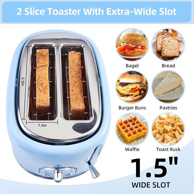 Retro Stainless Steel Toaster - 2 Slice, Extra-Wide Slot, 6 Adjustable Settings, Removable Crumb Tray, Defrost, Cancel, Reheat (Light Blue)
