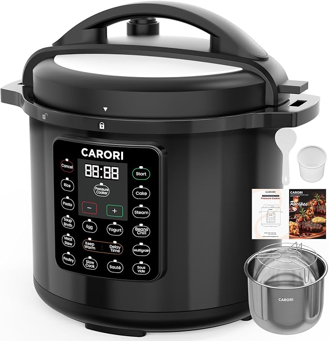 CARORI 8Qt 12-in-1 Electric Pressure Cooker, 1200W, Quick Meals, Time-Saving, Healthy, Easy Cooking Appliance, Slow,Rice,Steamer, Sauté, Yogurt Maker, Warmer & Sterilizer,Safer Venting Design, Black