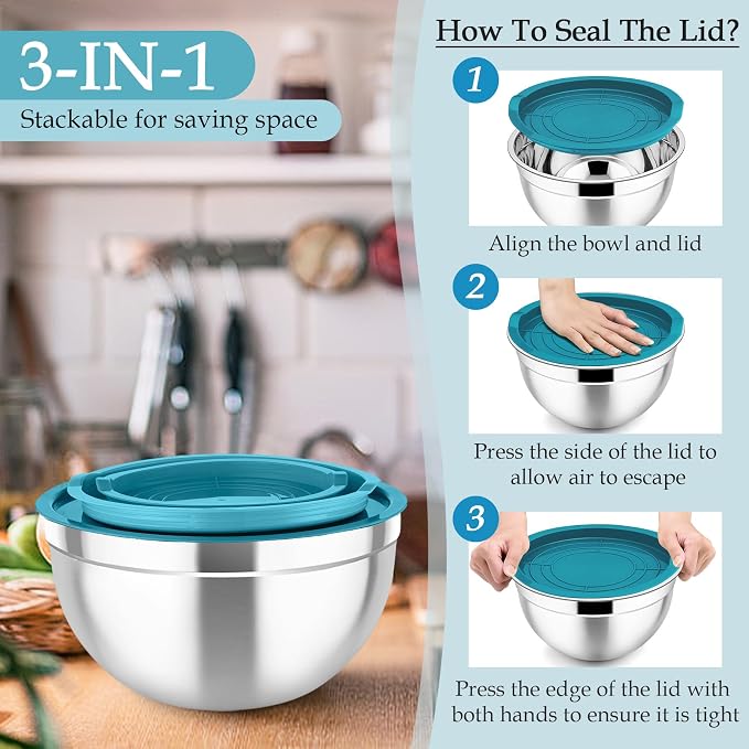 TeamFar Mixing Bowls, Stainless Steel Nesting Salad Bowls Set | Mixing Bowls with Lids & 3 Grater Attachments, For Mixing/Serving/Storing, Non-toxic & Long-lasting, 4.6/3/1.5 QT, Navy Blue