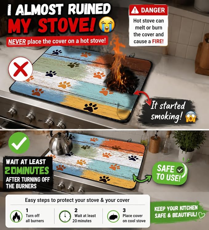 Electric Stove Top Cover for Glass Top, Dog Paw Prints Decor – Heat Resistant Flat Stove Top Covers, Decorative Scratch Protector Mat for Glass Ceramic Cooktop, Non-Slip, 28"x20"