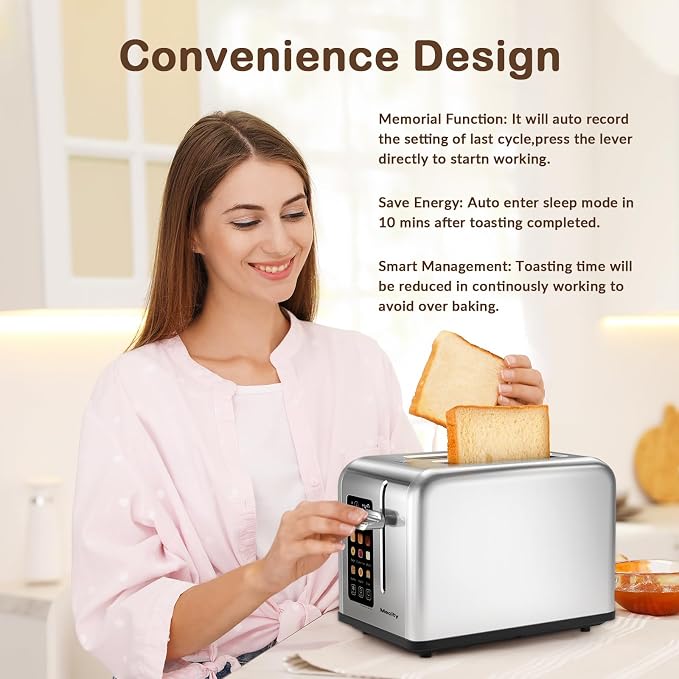 Mecity 2 Slice Toaster Touch Screen 1.5" Wide Slot, Stainless Steel Smart Bread Toaster for Bagel Muffin Waffle Gluten Free Breads, Timer, Defrost, Reheat, 120V 825W