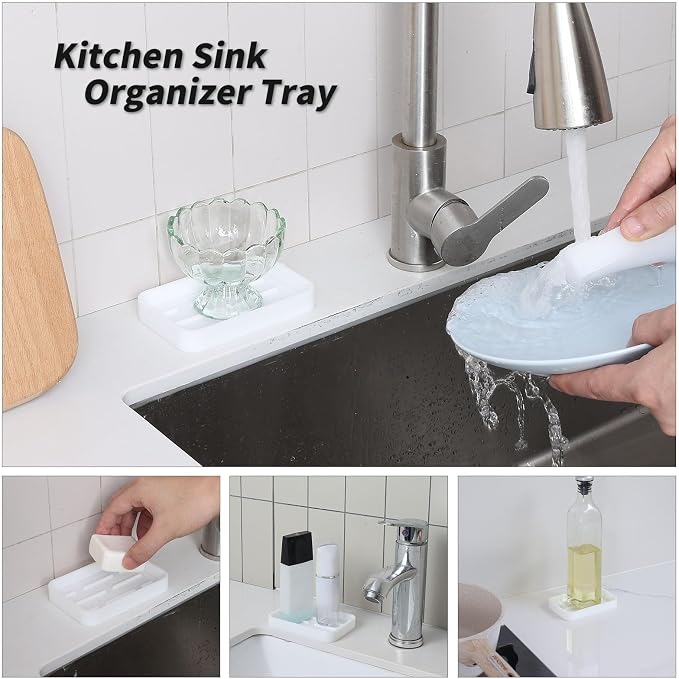 MicoYang Silicone Kitchen Sink Organizer Tray for Multiple Usage,Easy Clean Sponges Holder for Kitchen Bathroom Counter or Sink,Dish Soap Dispenser,Scrubber,Bottle,Cup White 4.9”x 3.2”
