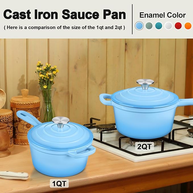 Enameled Cast Iron Sauce Pan with Lid, Leonyo 1 Quart Saucepan with Lid, Small Enamel Cast Iron Dutch Oven Kitchen Cookware for All Cooktops Cooking Soup, Milk - Up to 500°F & 4.4Lbs, Lake Blue