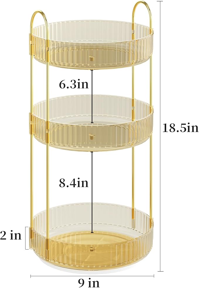 Rotating Makeup Organizer Countertop, 3 Tier, Gold | Skincare Organizers, Spinning Perfume Tray Stand, Makeup Storage Organizer for Vanity, Bathroom Organizer, Lazy Susan