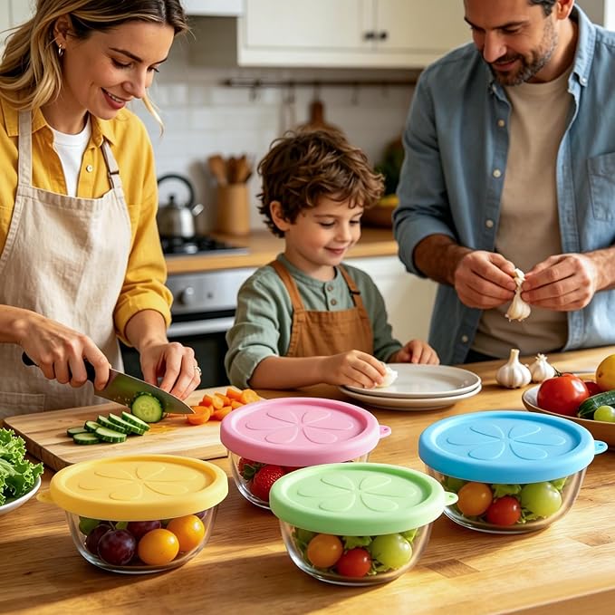 2 Cup Silicone Replacement Lids Compatible with Pyrex 7200-PC Glass Bowls, 4 Pack BPA Free & Leakproof Round Food Storage Covers, Safe for Dishwasher Refrigerator Microwave Use 4 Colors