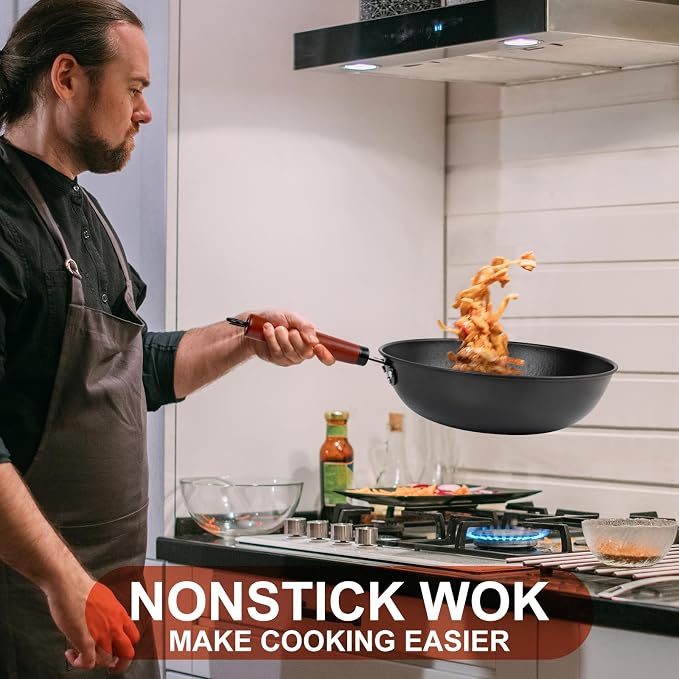 Wok, 13" Carbon Steel Woks & Stir-Fry Pans Nonstick with Glass Lid | Pre-Seasoned Flat Bottom Chinese Wok for Electric, Induction, Gas, All Stoves
