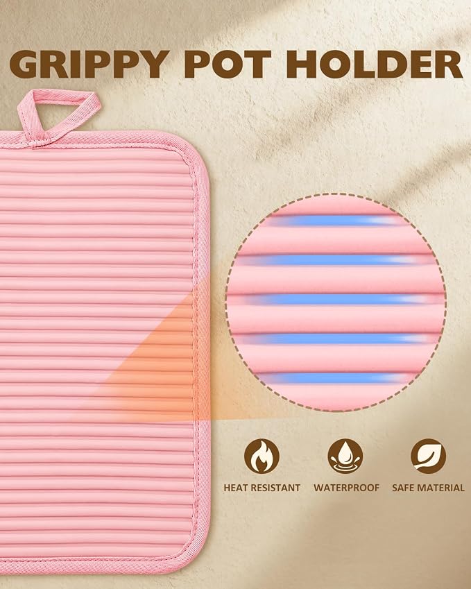 100% Thick Cotton Pot Holders Ribbed Soft Silicone Pink Gingham | Stylish Pot Holders with Pockets, Ribbed Soft Silicone, Machine Washable Non-Slip Heat Resistant Hot Pads 2pcs, Kitchen Gift