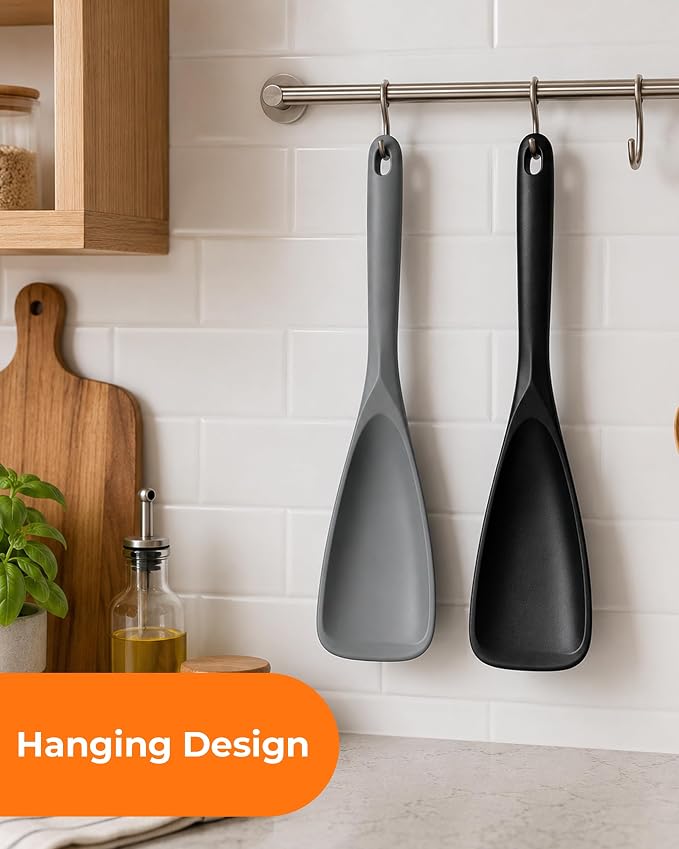 2-Pack Silicone Cooking Spoons & Spoonulas with S-Hooks | Heat resistant 446°F, BPA free for nonstick cookware, multifunction spatula spoon for mixing, scooping & serving