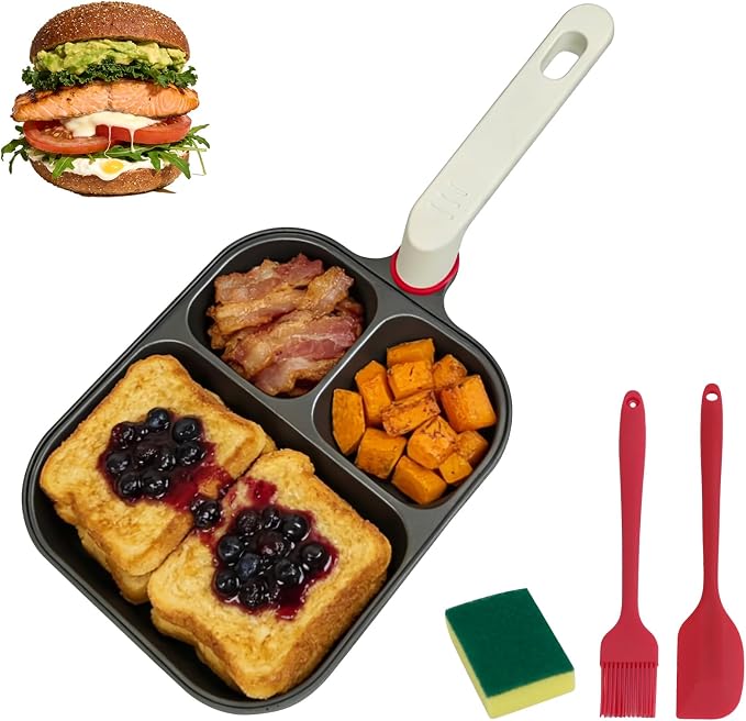 Nkove Egg Pan, 3 in 1 Breakfast Skillet with Divided Sections for Eggs | Nonstick Multi Compartment Frying Pan, Induction Compatible Cookware for Eggs, Pancakes, Bacon and Easy Breakfast Cooking