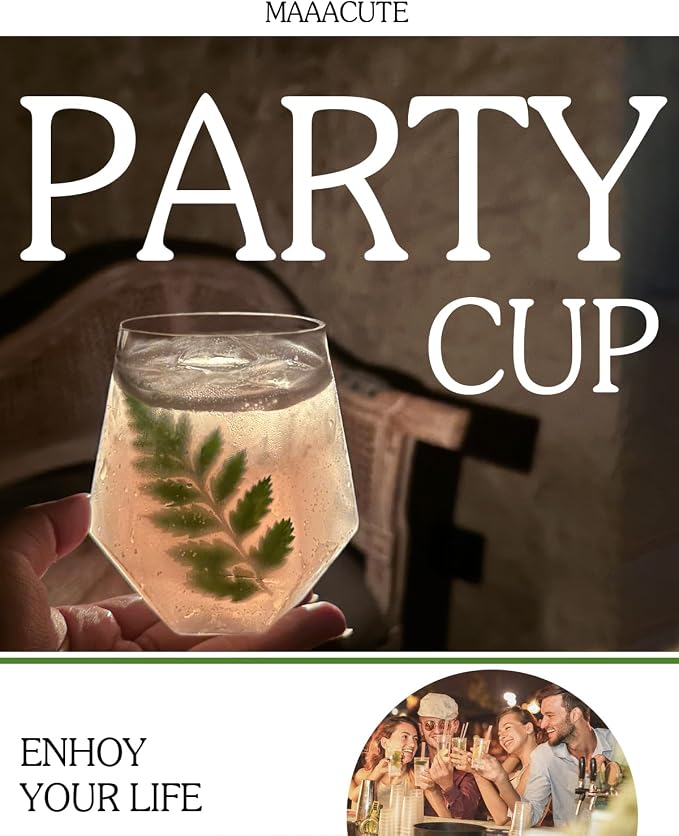 40 Pack Plastic Wine Glasses, 12 Oz Disposable Cocktail Whiskey Glasses | Clear Diamond Stemless Champagne Margarita Glasses, Unbreakable Reusable Plastic Party Cups for Wedding Birthday