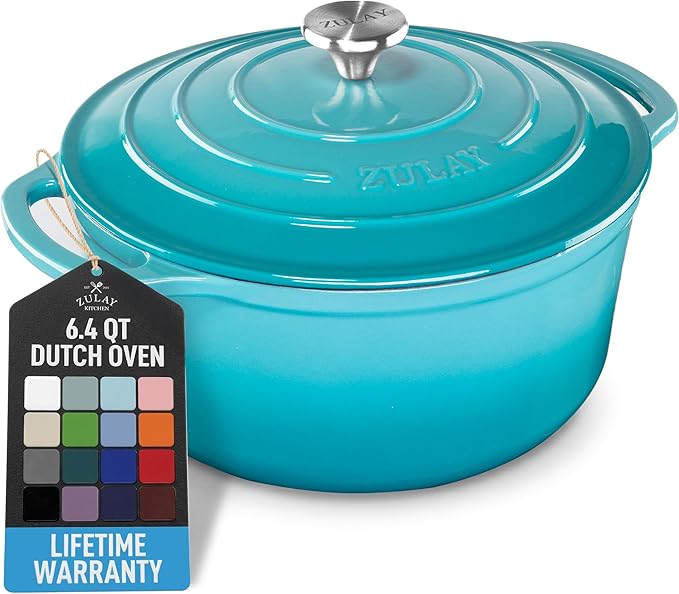 Zulay Kitchen 6.4QT Enameled Cast Iron Dutch Oven Pot with Lid, Heavy-Duty Soup Pot for Stews, Braising, Roasting & Sourdough Bread Baking, Oven Safe up to 500°F - Light Blue
