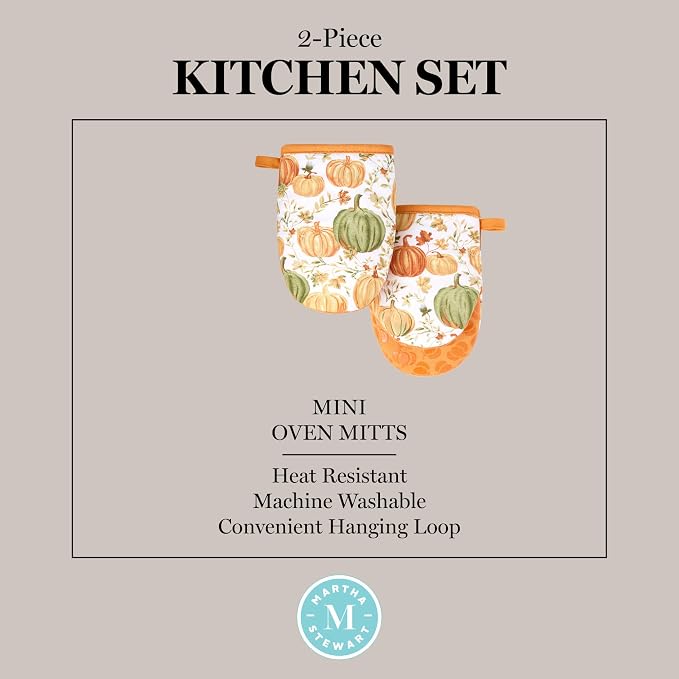 MARTHA STEWART Autumn Harvest Pumpkins Mini Oven Mitt 2-Pack Set, 100% Cotton with Decorative Non-Slip Silicone Grip, Heat Resistant, Orange/Green/Ivory, 5.5"X8"