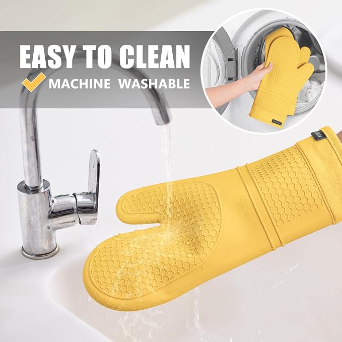 RORECAY Silicone Oven Mitts and Pot Holders Sets, Kitchen Gloves, Yellow | Set of 6 Kitchen Mitts for Baking & Cooking, Heat Resistant 500 ℉, 12.7" Extra Long, Non-Slip & Waterproof, Quilted Cotton