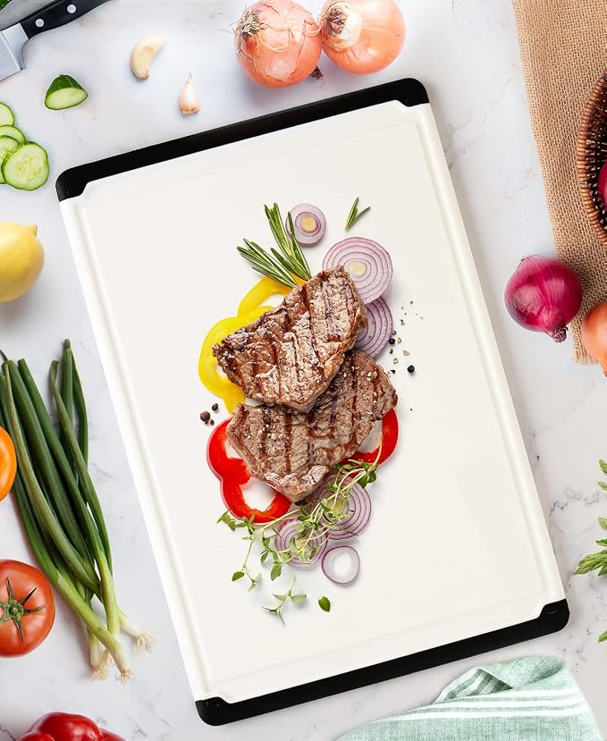 Large Plastic Cutting Board for Kitchen - 18 Inch Reversible Chopping Board | Juice Groove Catches Liquid, Non Slip Feet, Dishwasher Safe, BPA Free, Extra Large for Meat, Vegetables, Fruit, Cheese, Bread