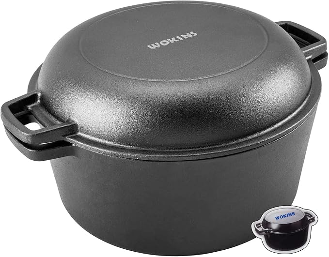 2-in-1 Pre-Seasoned Cast Iron Dutch Oven with Skillet Lid,5-Quart | Oven,grill,campfire and stovetop safe,durable dual-handle cookware for sourdough bread,frying,camping and BBQ