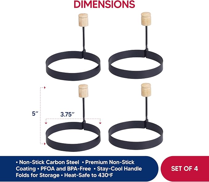 HIC Kitchen Non-Stick Fried and Poached Egg and Pancake Cooking Rings, Round Shaped, PFOA and BPA Free, Set of 4