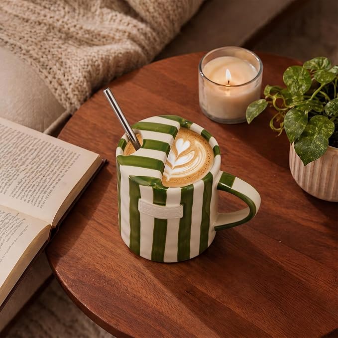 1 Pack Ceramic Mug with Sip Hole, Handle, Green | 10oz Ceramic Coffee Cup with Straws, Retro Hand Painted Striped, for Iced Coffee Tea Latte Espresso, Kitchen Dining Travel
