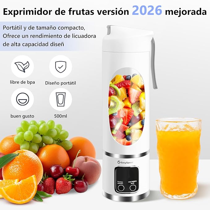 EASYSPEED Portable Blender Electric USB-C, 500ML Personal Juicer for Shakes, 1500mAh Rechargeable, 12 Blades,BPA Free, 18oz Small Blender with Leakproof Lid & Sip Spout, Mixing, Compact,White