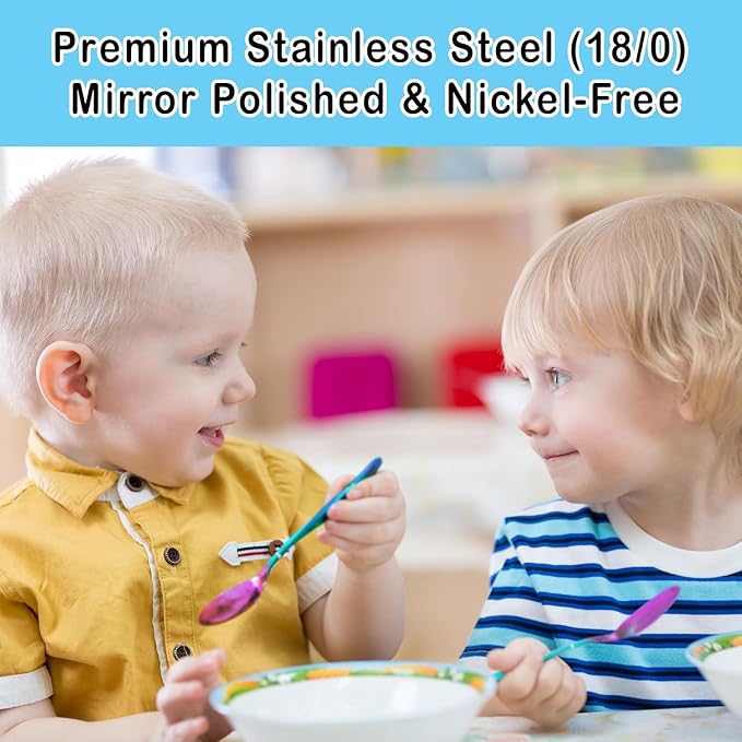 CHILLOUT LIFE Stainless Steel Kids Silverware Set 12 Pieces - Child and Toddler Safe Flatware - Kids Utensil Set - Metal Kids Cutlery Set (Includes 6 Small Kids Spoons & Kids 6 Forks, UV Rainbow)