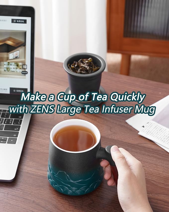 ZENS Tea Mug with Infuser and Lid for Loose Tea Steeper, 16.9oz Green | Embossed Ceramic Tea Cup with Infuser for Herbal Tea Difussers, Tea Lovers Gifts, Nature Wood Handle