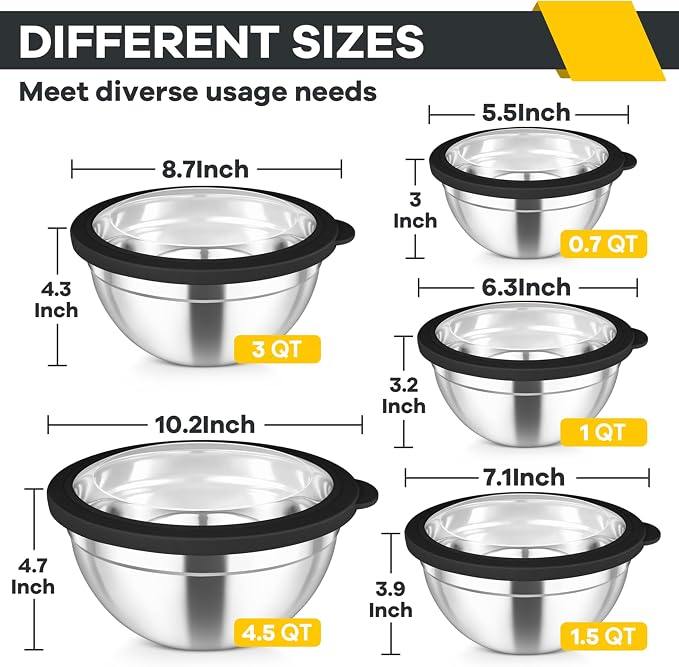 TeamFar Mixing Bowls Set, 4.5/3/1.5/1/0.7 QT Salad Bowl with Lids, Black | Stainless Steel Nesting Bowls with Visible Airtight Lids, For Serving/ Mixing/ Storing, Non-Toxic & Dishwasher Safe, Set of 5