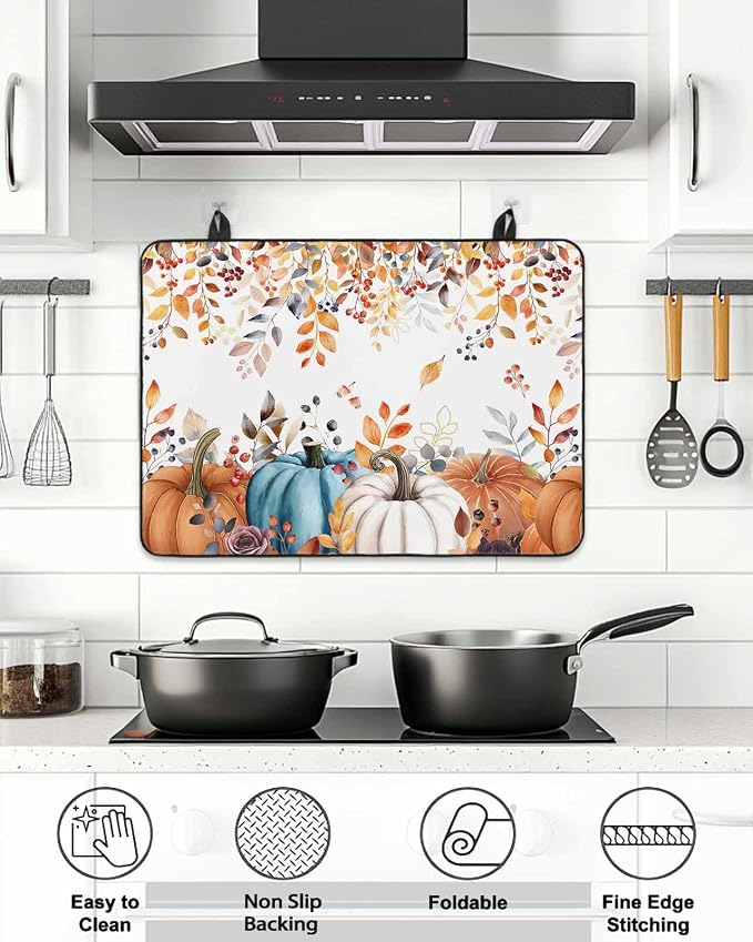 Stove Top Covers for Electric Stove 31x24 Inches, Fall Pumpkins HeatResistant Glass Cooktop Protector, Thanksgiving Weeping Leaves Watercolor Ceramic Stovetop Countertop Covers Vintage Mat, Oven Cover