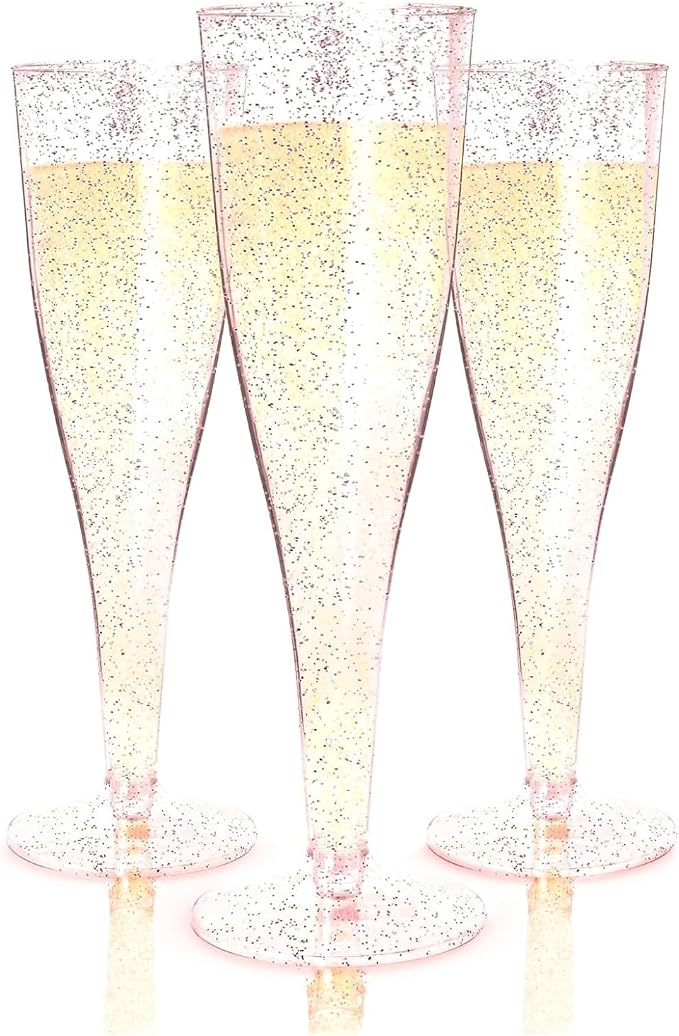 Prestee 24 Piece Plastic Champagne Flutes - 4.5 oz Plastic Wine Glasses with Rose Gold Glitter - Cocktail Glasses for Parties - Party Supplies for Mimosa Bar, Wedding, Shower Party and New Years Eve