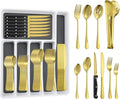 65PCS Gold Silverware Set for 10 with Flatware Drawer Organizer, Stainless Steel Cutlery Set with Steak Knives, Include Spoons and Forks Set & Serving Utensils, Mirror Polished, Dishwasher Safe