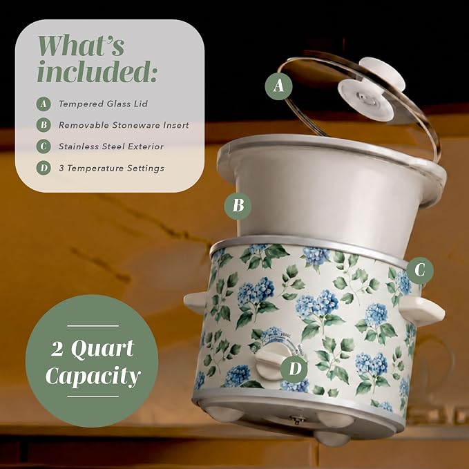COOK WITH COLOR 2QT Mini Electric Round Slow Cooker - Adjustable Settings, Removable Stoneware Pot, Tempered Glass Lid, Dishwasher Safe, Cool-Touch Side Handles, Floral Blue/Green