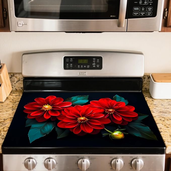 Nuxovilar Stove Top Cover Cooktop Mat 28.3x20.4in Polyester Diatom | Electric Guard Range Countertop Pad Burner Protection Sheet Kitchen Decor Cooking Area Home Accent (Red Dahlia)