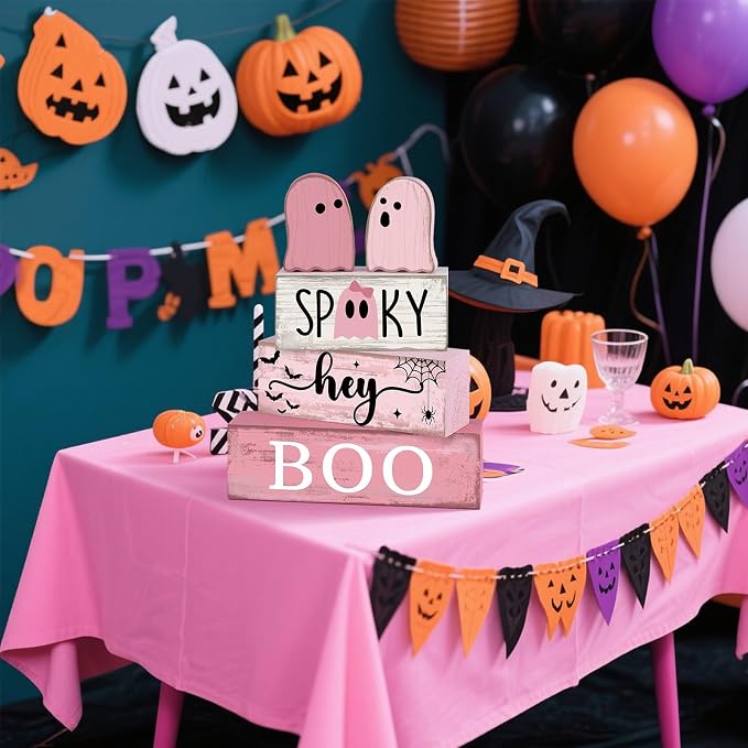 Lineshading 4 Pcs Pink Halloween Tiered Tray Decor, Wooden Ghost Signs | Cute Farmhouse Tabletop Decorations, Rustic Wood Blocks with SPOOKY BOO Text, Pink Aesthetic Centerpiece for Party Display