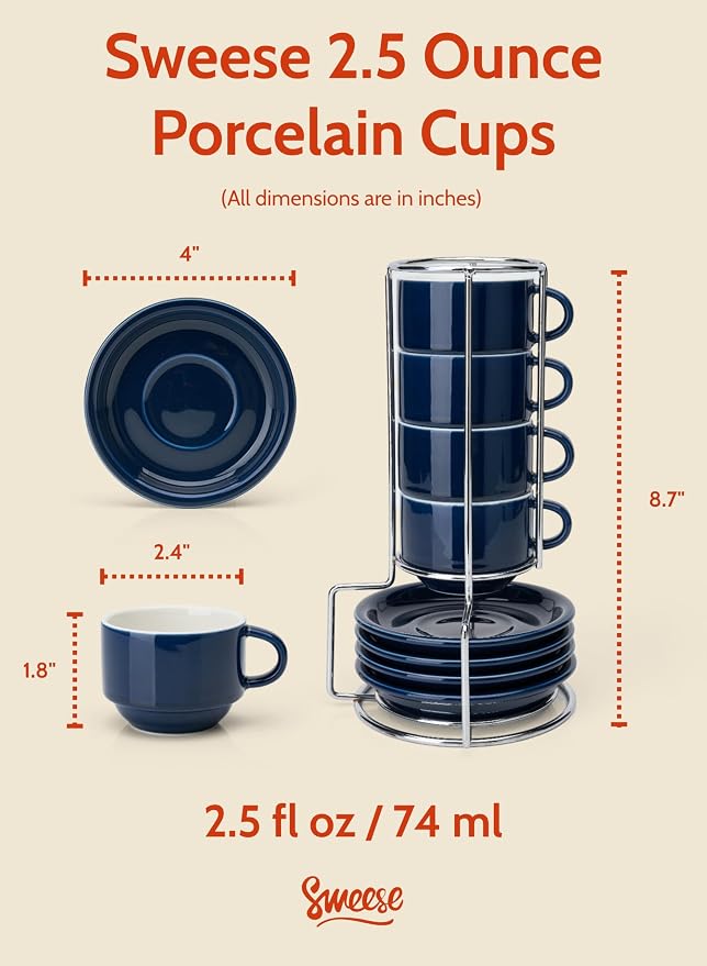 Sweese 2.5 Ounce Porcelain Stackable Espresso Cups with Saucers and Metal Stand Set of 4, Navy